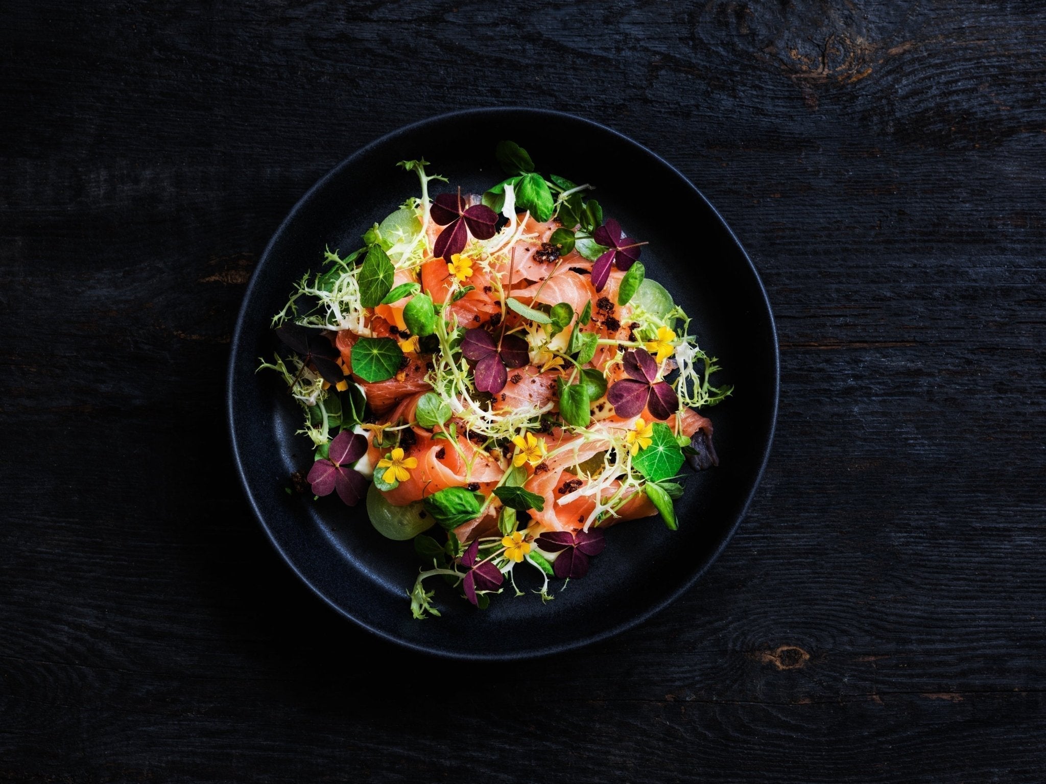 Laks med rygeostcreme, salat, urter, syltet agurk og rugbrødschips - Gastrotools.dk
